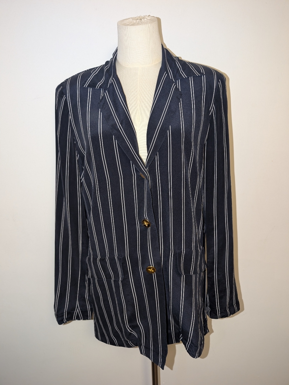 August silk Navy and White Pinstripe Silk Blazer